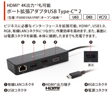 HDMI(R) 4K出力*1も可能 ポート拡張アダプタUSB Type-C(TM) 2［型番：PS0001NA1PRP］オープン価格*1