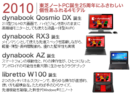 2010東芝ノートPC誕生25周年にふさわしい個性あふれる4モデルdynabook Qosmio DX誕生、dynabook RX3誕生、dynabook AZ誕生、libretto W100誕生