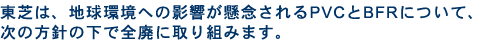 東芝は、地球環境への影響が懸念されるPVCとBFRについて、次の方針の下で全廃に取り組みます。