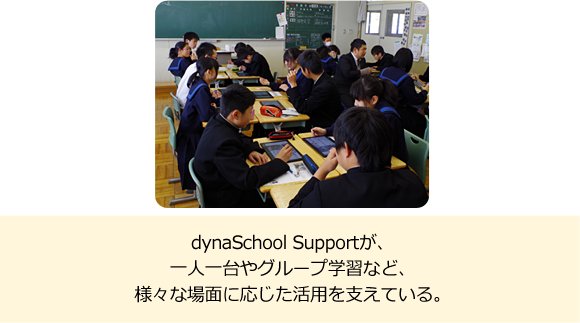 dynaSchool Supportが、一人一台やグループ学習など、様々な場面に応じた活用を支えている。