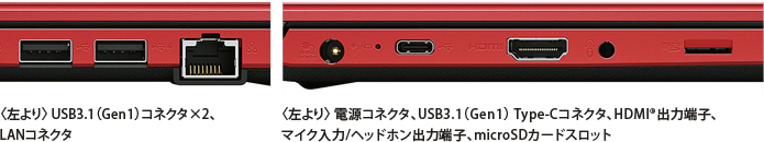 〈左より〉 USB3.1（Gen1）コネクタ×2、LANコネクタ　〈左より〉 電源コネクタ、USB3.1（Gen1） Type-C(TM)コネクタ、HDMI(R)出力端子、マイク入力/ヘッドホン出力端子、microSDカードスロット