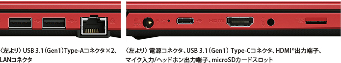 〈左より〉 USB3.1（Gen1）コネクタ×2、LANコネクタ　〈左より〉 電源コネクタ、USB3.1（Gen1） Type-C(TM)コネクタ、HDMI(R)出力端子、マイク入力/ヘッドホン出力端子、microSDカードスロット