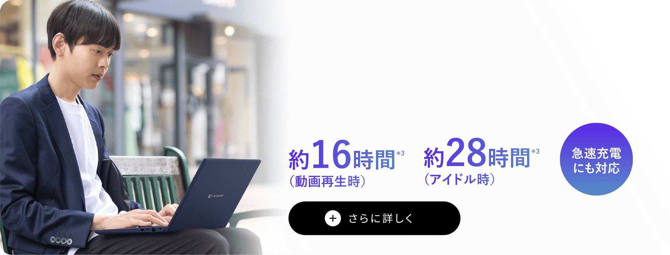 約16時間（動画再生時）約28時間（アイドル時）　急速充電にも対応