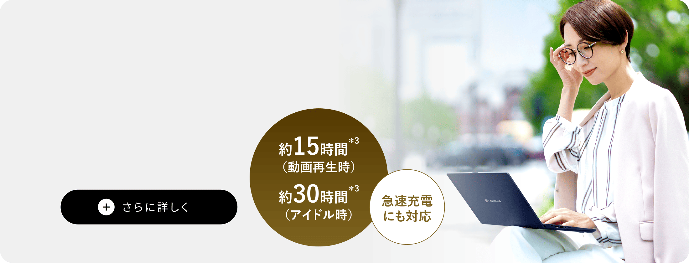 約15時間（動画再生時）約30時間（アイドル時）　急速充電にも対応