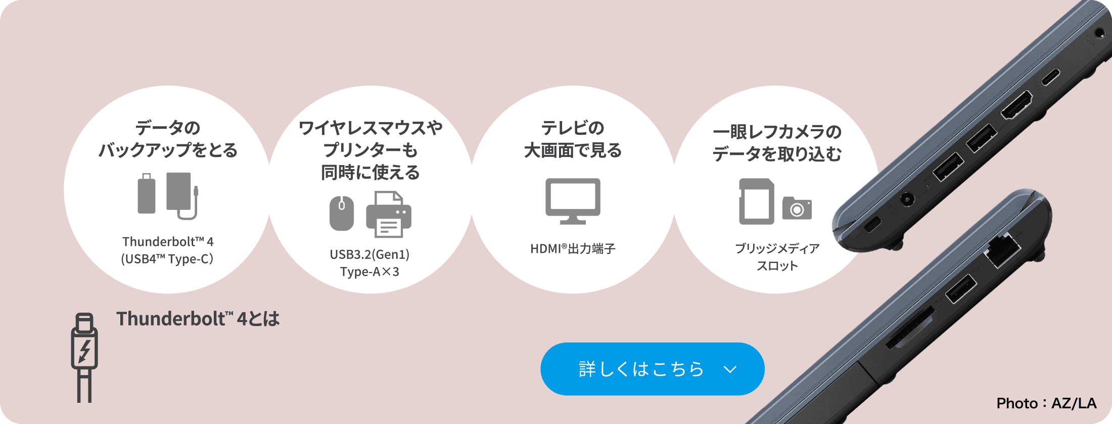 データのバックアップをとる　ワイヤレスマウスやプリンターも同時に使える　テレビの大画面で見る　一眼レフカメラのデータを取り込む