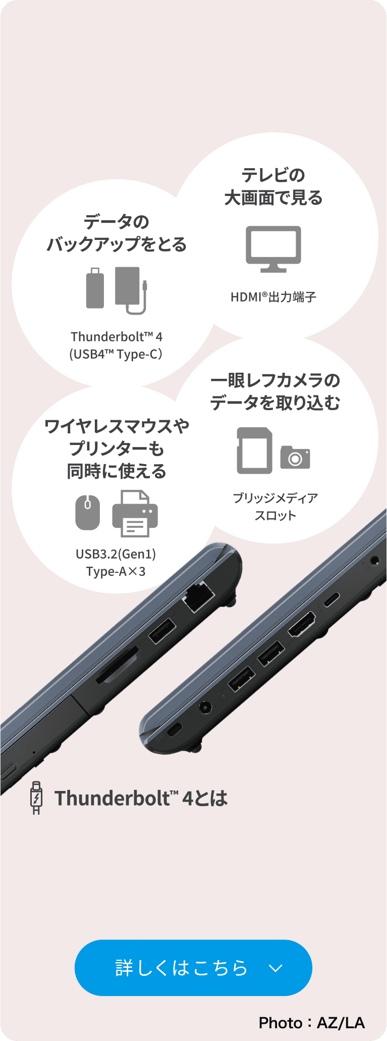 データのバックアップをとる　ワイヤレスマウスやプリンターも同時に使える　テレビの大画面で見る　一眼レフカメラのデータを取り込む