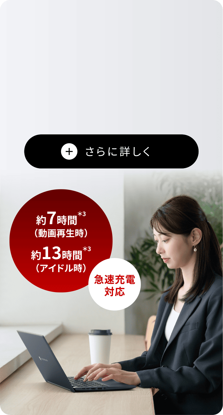 約7時間（動画再生時）　約13時間（アイドル時）　急速充電対応