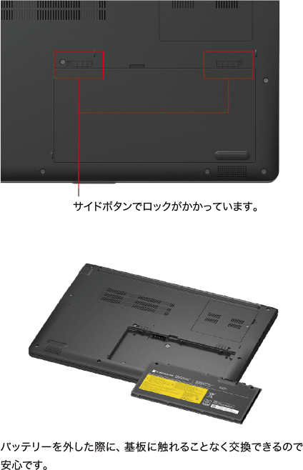 サイドボタンでロックがかかっています。　バッテリーを外した際に、基板に触れることなく交換できるので安心です。