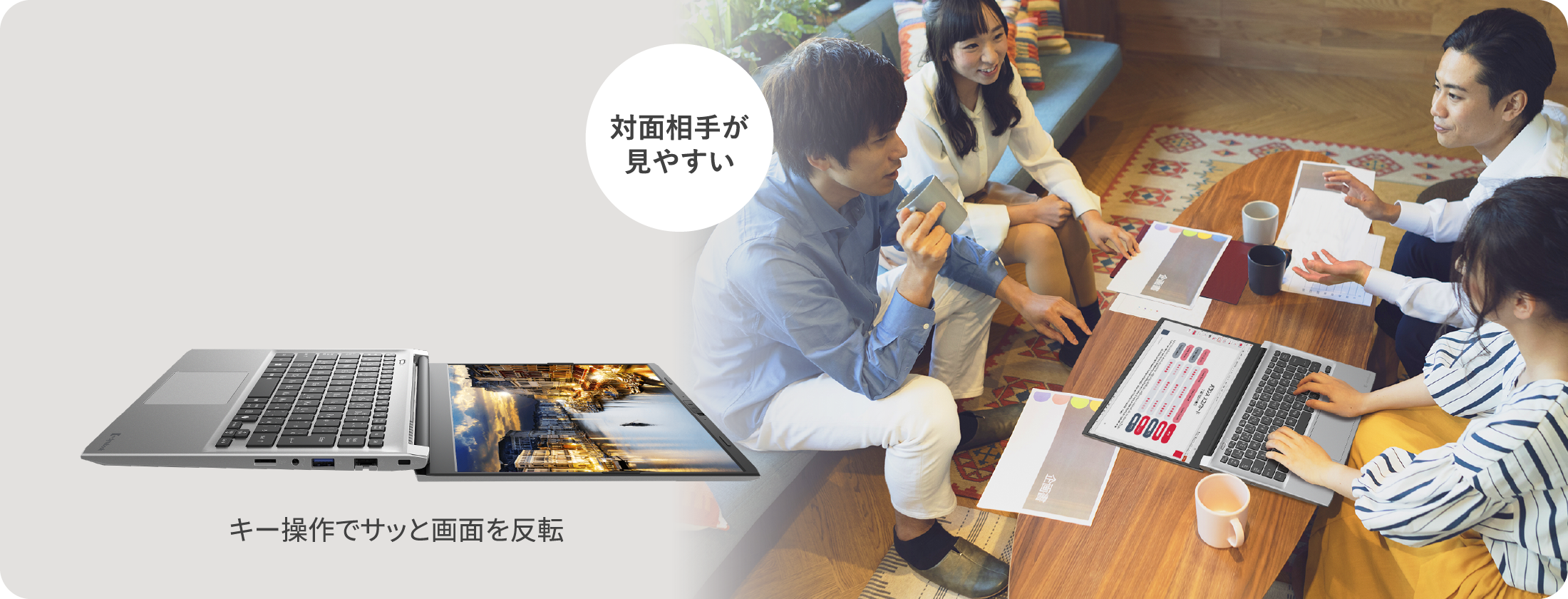 対面相手が見やすい キー操作でサッと画面も反転