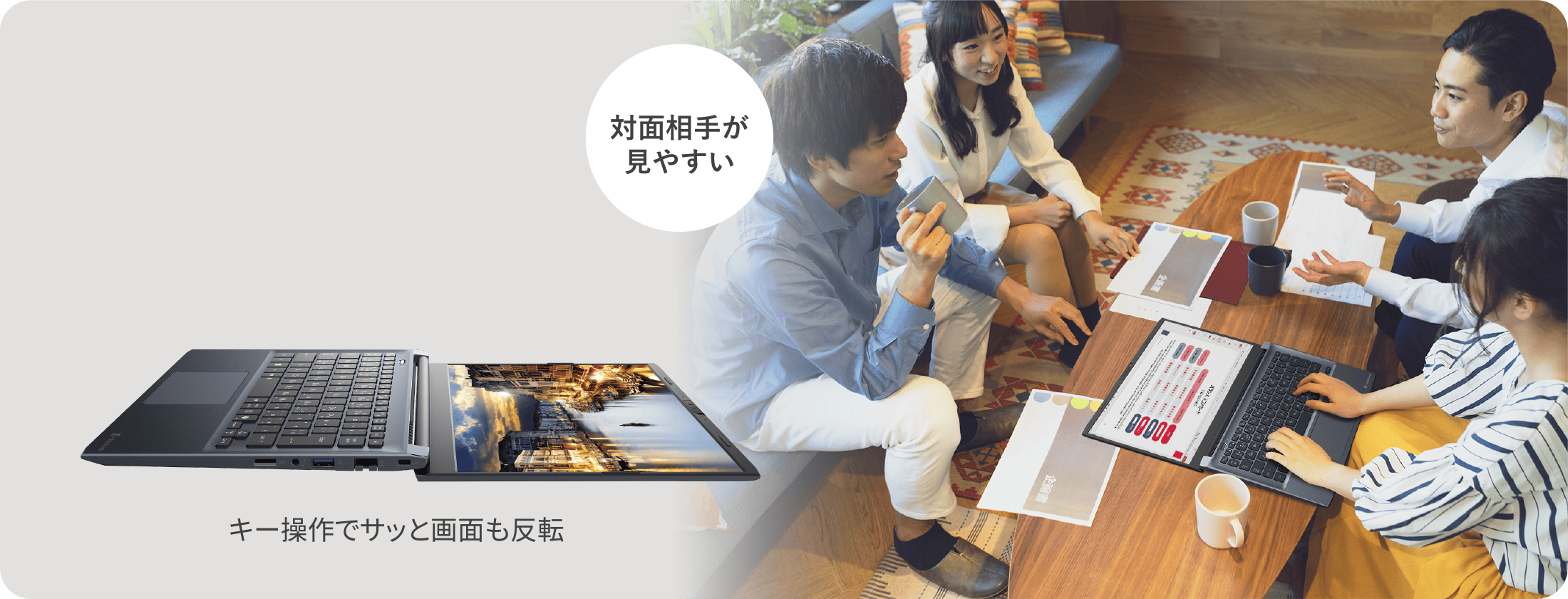 対面相手が見やすい　キー操作でサッと画面も反転