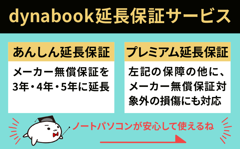 dynabook延長保証サービス「あんしん延長保証」メーカー無償保証を3年・4年・5年に延長「プレミアム延長保証」左記の保障の他に、メーカー無償保証対象外の損傷にも対応