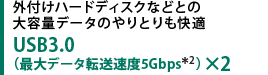 外付けハードディスクなどとの大容量データのやりとりも快適　USB3.0（最大データ転送速度5Gbps＊6）
