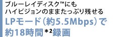 ブルーレイディスクにもハイビジョンのままたっぷり残せる　LPモード（約5.5Mbps）で約18時間＊2録画
