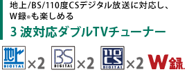 地上/BS/110度CSデジタル放送に対応し、W録(R)も楽しめる　3波対応ダブルTVチューナー