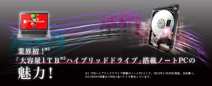 業界初！※1「大容量1TB ※2 ハイブリッドドライブ」搭載ノートPCの魅力！　※1 1TBハイブリッドドライブ搭載のノートPCとして。2012年11月20日発売。当社調べ。※2 HDDの容量は1TBを1兆バイトで算出しています。

