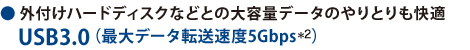 外付けハードディスクなどとの大容量データのやりとりも快適　USB3.0（最大データ転送速度5Gbps＊2）