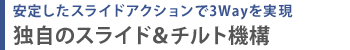 安定したスライドアクションで3Wayを実現  独自のスライド＆チルト機構