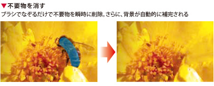 ▼不要物を消す　ブラシでなぞるだけで不要物を瞬時に削除。さらに、背景が自動的に補完される