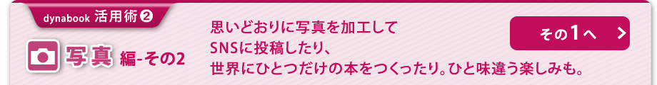 【dynabook 活用術(2)　写真編-その2】思いどおりに写真を加工してSNSに投稿したり、
世界にひとつだけの本をつくったり。ひと味違う楽しみも。