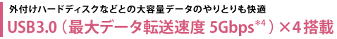 外付けハードディスクなどとの大容量データのやりとりも快適　USB3.0（最大データ転送速度5Gbps＊4）×4搭載