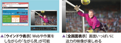 ［ウインドウ表示］ Webや作業をしながらの「ながら見」が可能／［全画面表示］  画面いっぱいに迫力の映像が楽しめる