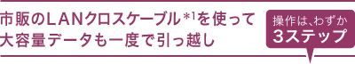 市販のLANクロスケーブル＊1を使って大容量データも一度で引っ越し【操作は、わずか3ステップ】