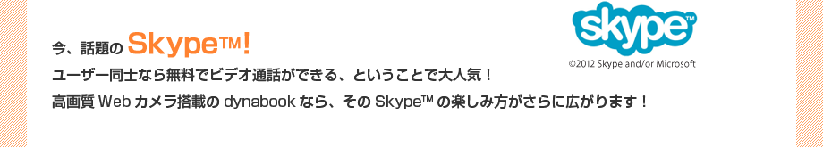 今、話題のSkype™！ユーザー同士なら無料でビデオ通話ができる、ということで大人気！高画質Webカメラ搭載のdynabookなら、そのSkype™の楽しみ方がさらに広がります！