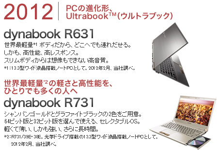 2012PCの進化形、Ultrabook(TM)（ウルトラブック）、世界最軽量2の軽さと高性能を、ひとりでも多くの人へdynabook R731