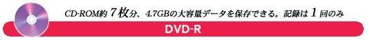 DVD-R：CD-ROM約７枚分、4.7GBの大容量データを保存できる。記録は１回のみ