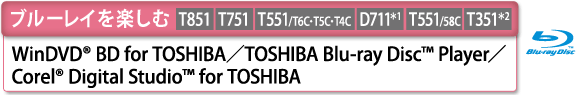 [ブルーレイを楽しむ]　WinDVD(R) BD for TOSHIBA／TOSHIBA Blu-ray Disc(TM) Player／Corel(R) Digital Studio(TM) for TOSHIBA　[T851][T751][T551/T6C・T5C・T4C][D711＊1][T551/58C][T351＊2]
