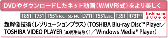 DVDやダウンロードしたネット動画（WMV形式）をより美しく　超解像技術〈レゾリューションプラス〉（TOSHIBA Blu-ray Disc(TM) Player／TOSHIBA VIDEO PLAYER〔3D再生時除く〕／Windows Media(R) Player）[toshiba pc オリジナル]　[T851][T751][T551/T6C・T5C・T4C][D711][T551/58C][T351][R731＊1]