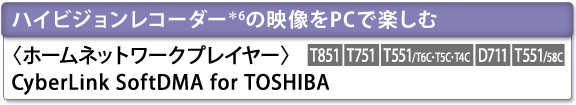 ハイビジョンレコーダー＊6の映像をPCで楽しむ〈ホームネットワークプレイヤー〉CyberLink SoftDMA for TOSHIBA　[T851][T751][T551/T6C・T5C・T4C][D711][T551/58C]