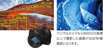 デジタルカメラなら約800万画素以上で撮影した画像がほぼ4K解像度となります。