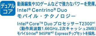 mfARA] ҏW3DQ[Ȃǂŋ͂ȃp[𔭊BIntel(R) Centrino(R) DuooCEeNmW[ Intel(R) Core(TM) DuovZbT[T2300*1ig1.66GHzA2LbV2MBjAoCIntel(R) 945PM*2 Express`bvZbg̗pB