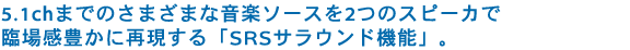 5.1chまでのさまざまな音楽ソースを2つのスピーカで臨場感豊かに再現する「SRSサラウンド機能」。