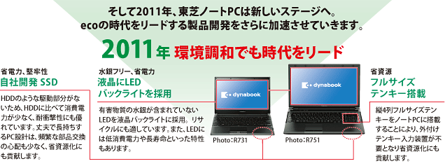 そして2011、東芝ノートPCは新しいステージへ。ecoの時代をリードする製品開発をさらに加速させていきます。