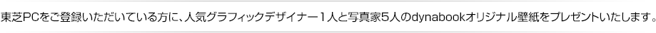 東芝PCをご登録いただいている方に、人気グラフィックデザイナー1人と写真家5人のdynabookオリジナル壁紙をプレゼントいたします。
