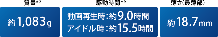 質量　駆動時間　薄さ