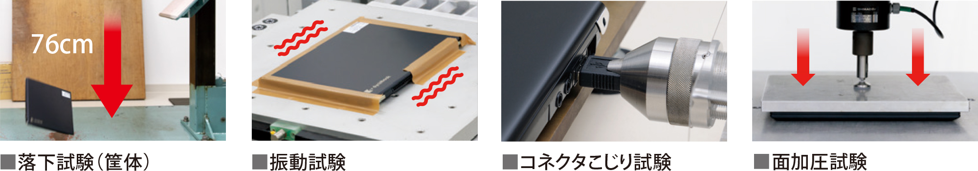 ■落下試験（筐体） ■振動試験 ■コネクタこじり試験 ■面加圧試験