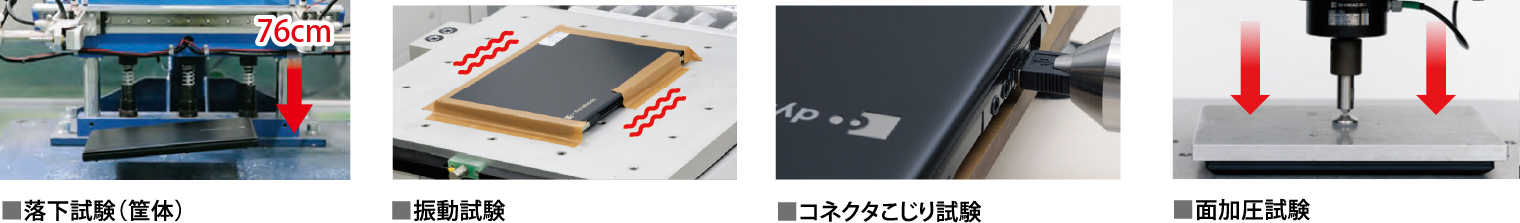 ■落下試験（筐体） ■振動試験 ■コネクタこじり試験 ■面加圧試験