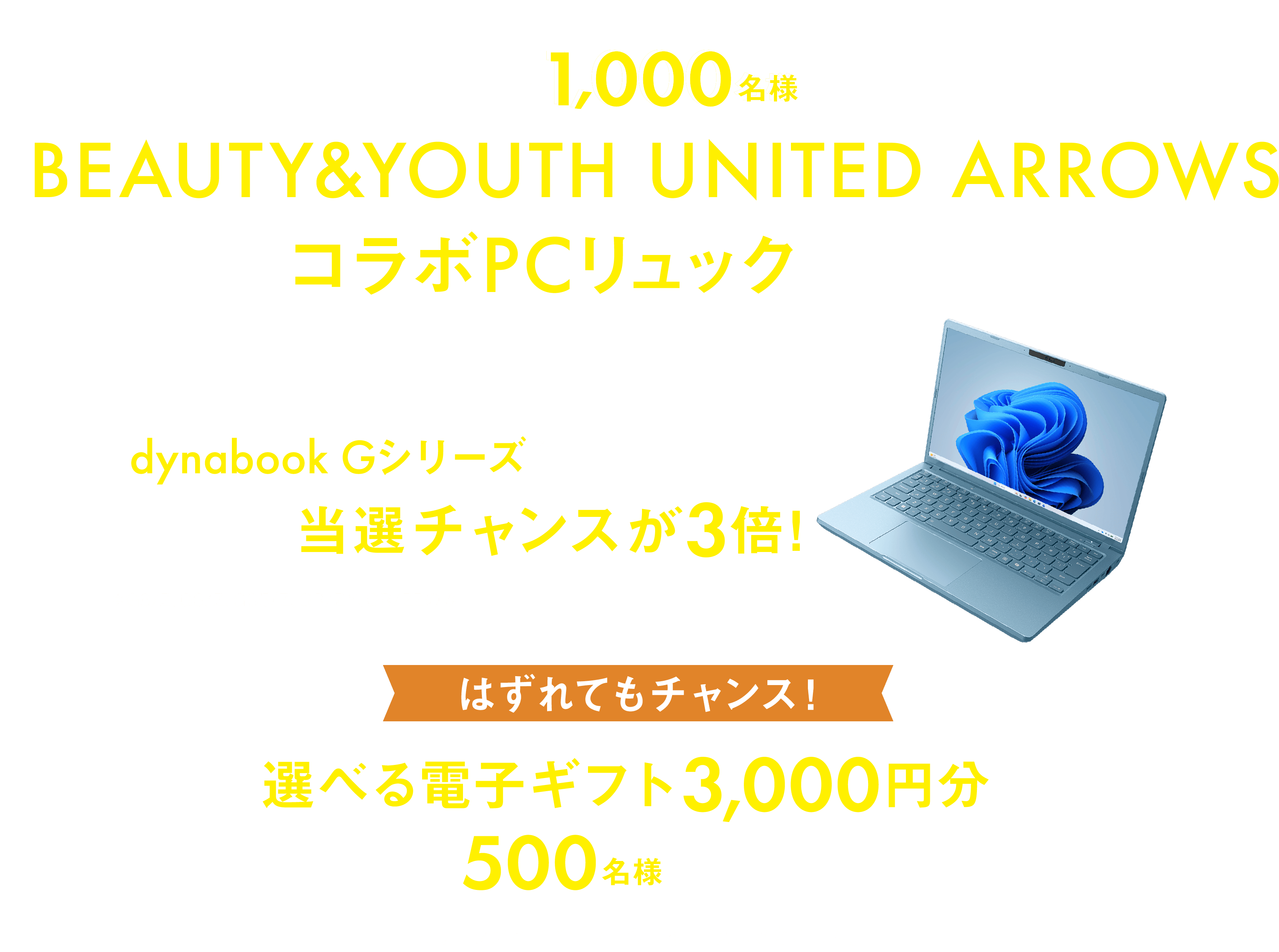 期間中、対象のdynabookを購入&応募すると、抽選で1,000名様に「BEAUTY&YOUTH UNITED ARROWSコラボPCリュック」が当たる!!さらに最新ノートPC「dynabook Gシリーズ」をご購入の方は当選チャンスが3倍!はずれてもチャンス!「選べる電子ギフト3,000円分」が500名様に当たる!!リュックと電子ギフトの重複当選はできません。