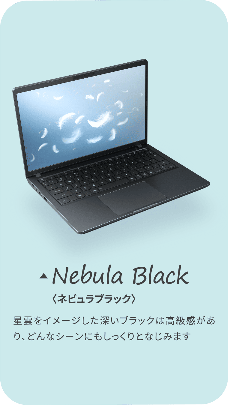 Nebula Black〈ネビュラブラック〉星雲をイメージした深いブラックは高級感があり、どんなシーンにもしっくりとなじみます