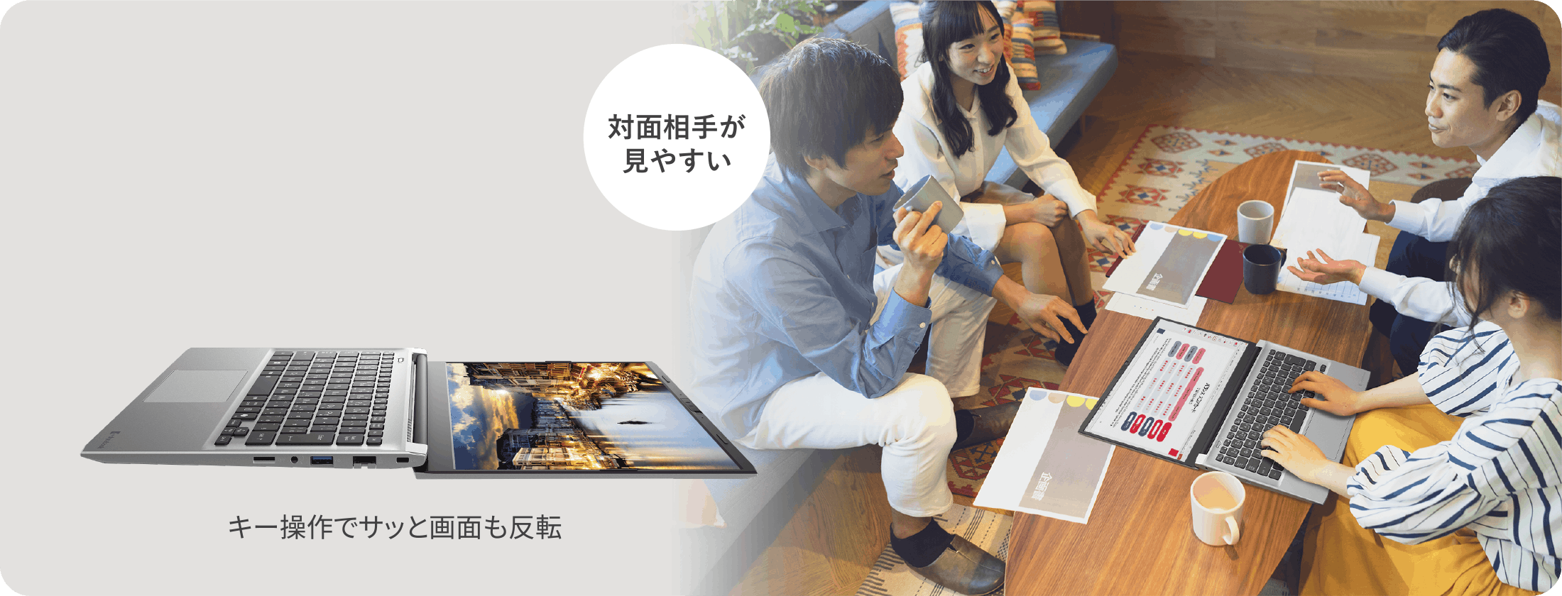 対面相手が見やすい　キー操作でサッと画面も反転