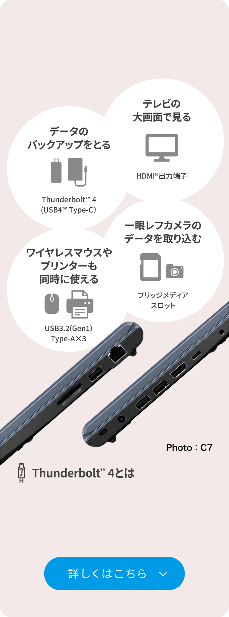 データのバックアップをとる　ワイヤレスマウスやプリンターも同時に使える　テレビの大画面で見る　一眼レフカメラのデータを取り込む