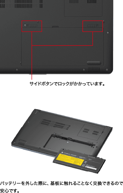 サイドボタンでロックがかかっています。　バッテリーを外した際に、基板に触れることなく交換できるので安心です。