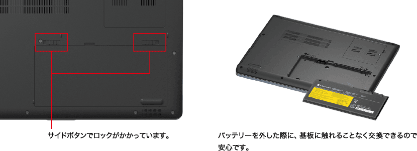 サイドボタンでロックがかかっています。　バッテリーを外した際に、基板に触れることなく交換できるので安心です。